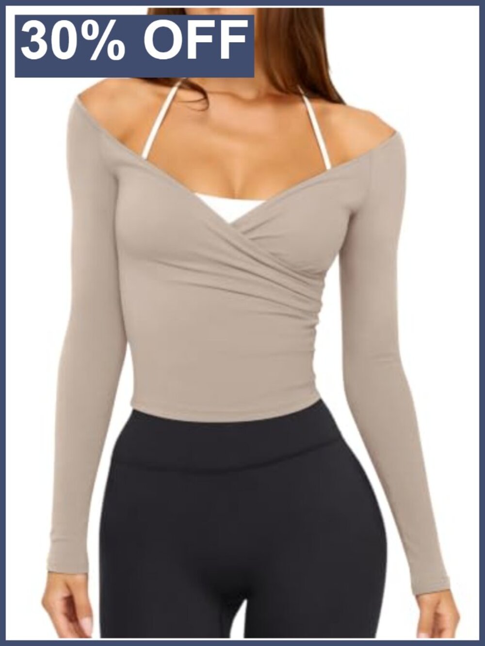 Long Sleeve V Neck Wrap Crop Top Athletic Yoga Shirt